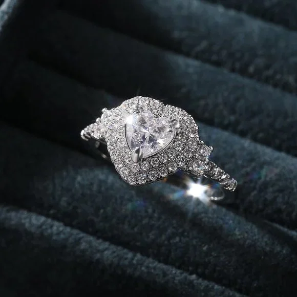 😍Diamond Heart CZ Shiny 14k White Gold Luxury Macro Pave Ring for Women, K852 - Picture 6 of 11